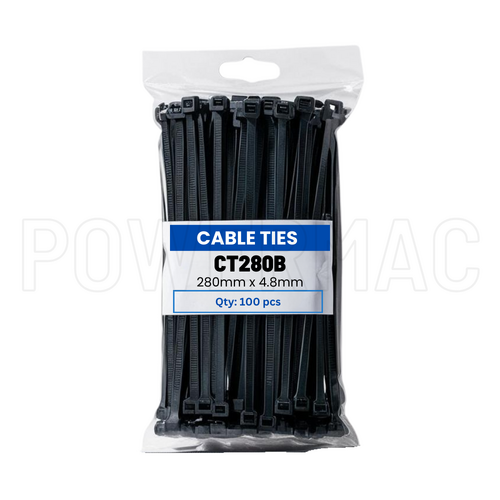 280mm x 4.8mm Cable Tie Nylon Black - 100pk